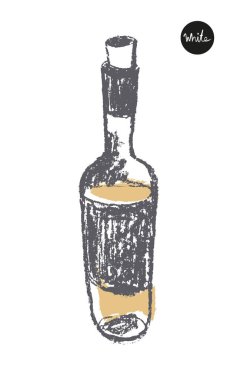 Şişe taslak ikonu, sanatsal kalem desenli, el çizimi moda bir resim. Amblem üzüm bağı, organik şarap afişi, logo şarabı, şarap festivali, bar tabelası için alkol şişesi silueti.