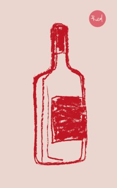 Şişe taslak ikonu, sanatsal kalem desenli, el çizimi moda bir resim. Amblem üzüm bağı, organik şarap afişi, logo şarabı, şarap festivali, bar tabelası için alkol şişesi silueti.