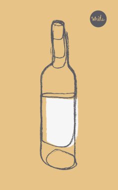 Şişe taslak ikonu, sanatsal kalem desenli, el çizimi moda bir resim. Amblem üzüm bağı, organik şarap afişi, logo şarabı, şarap festivali, bar tabelası için alkol şişesi silueti.
