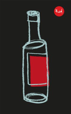 Şişe taslak ikonu, sanatsal kalem desenli, el çizimi moda bir resim. Amblem üzüm bağı, organik şarap afişi, logo şarabı, şarap festivali, bar tabelası için alkol şişesi silueti.