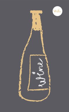 Şişe taslak ikonu, sanatsal kalem desenli, el çizimi moda bir resim. Amblem üzüm bağı, organik şarap afişi, logo şarabı, şarap festivali, bar tabelası için alkol şişesi silueti.