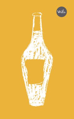 Şişe taslak ikonu, sanatsal kalem desenli, el çizimi moda bir resim. Amblem üzüm bağı, organik şarap afişi, logo şarabı, şarap festivali, bar tabelası için alkol şişesi silueti.