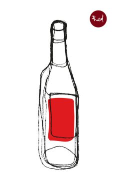 Şişe taslak ikonu, sanatsal kalem desenli, el çizimi moda bir resim. Amblem üzüm bağı, organik şarap afişi, logo şarabı, şarap festivali, bar tabelası için alkol şişesi silueti.