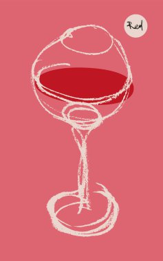 Logo tasarımı için şarap camı simgesi. Sanatsal kalem desenli el çizimi sanat eseri. Şarap kadehi amblem üzüm bağı, organik şaraplar afiş, sonbahar şarap festivali, bar işareti şablonu..
