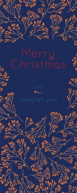 Koyu mavi arka planda vektör şeklinde Mutlu Noeller. Çiçek desenli kış indirimi. Yeni Yıl Kutlama Kartı. Çam kozalağı Xmas dalları ve izole yapraklar.