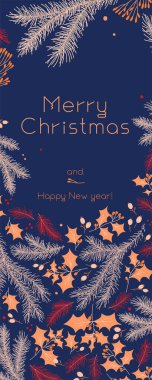 Koyu mavi arka planda vektör şeklinde Mutlu Noeller. Çiçek desenli kış indirimi. Yeni Yıl Kutlama Kartı. Çam kozalağı Xmas dalları ve izole yapraklar.