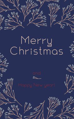 Mavi arka planda vektör şeklinde Mutlu Noeller. Çiçek desenli kış indirimi. Yeni Yıl Kutlama Kartı. Çam kozalağı Xmas dalları ve izole yapraklar.