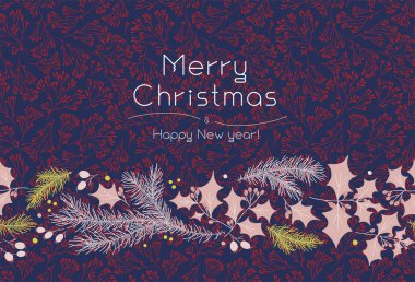 Şenlik arka planı için Noel botanik desenli çiçek süslemesi. Yeni yıl duvar kağıdı tasarımı. Organik düz dekorasyonlu Xmas panayırı broşürü. Kış indiriminin şablonu. Mavi renk.