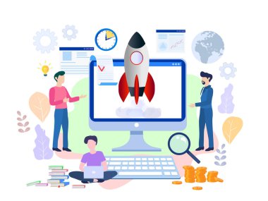 Web sayfası, afiş, sunum, sosyal medya için Business Start Up Concept. Vektör illüstrasyonu, iş projesi başlatma süreci, planlama ve strateji yoluyla fikir, zaman yönetimi, gerçekleştirme