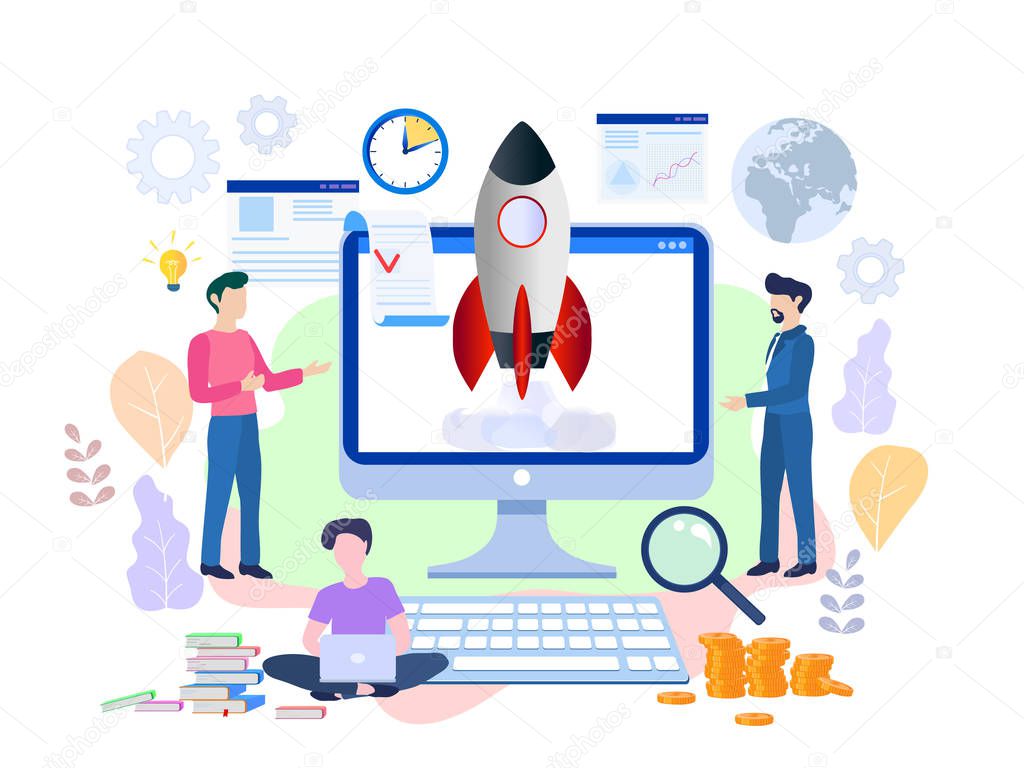 Business Start Up Concept for web page, banner, presentation, social media. Vector illustration, business project startup process, idea through planning and strategy, time management, realization