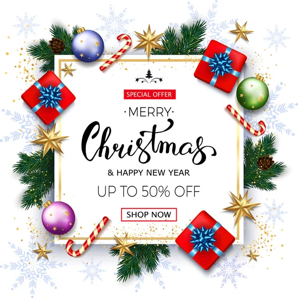 Çam dalları, hediye kutuları altın ile neşeli Noel satışı büyük başlığı