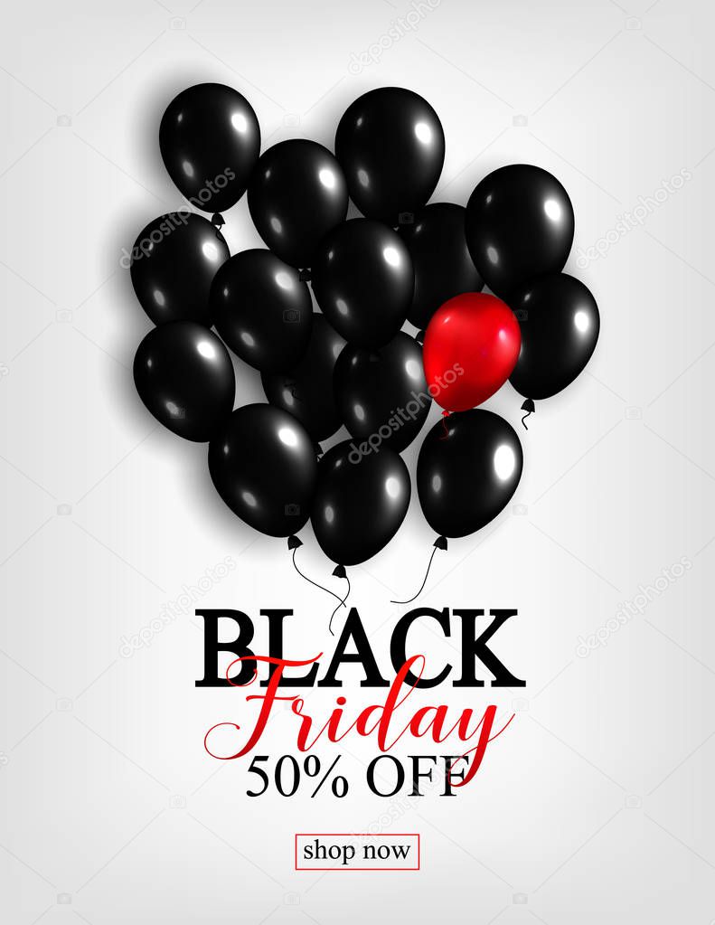 Black Friday Sale Poster with Shiny Balloons on White Background