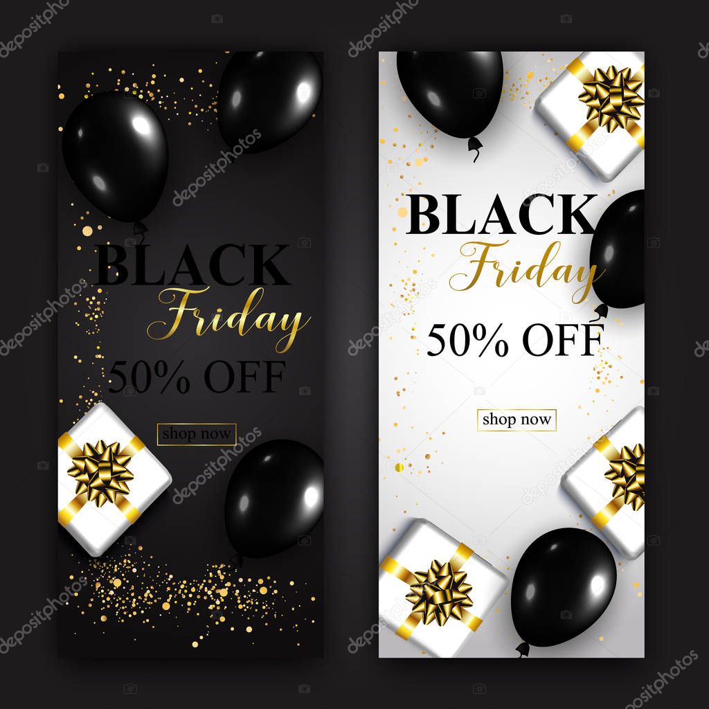 Black Friday sale vertical banners.  Glossy balloons and gifts b