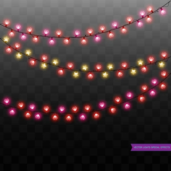 Set of golden glowing garland. Christmas lights red hearts isola — Stock Vector