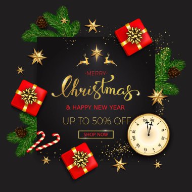 Hediye kutuları altın yıldız ve chr neşeli Noel satışı büyük başlığı