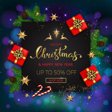 Hediye kutuları altın yıldız ve chr neşeli Noel satışı büyük başlığı