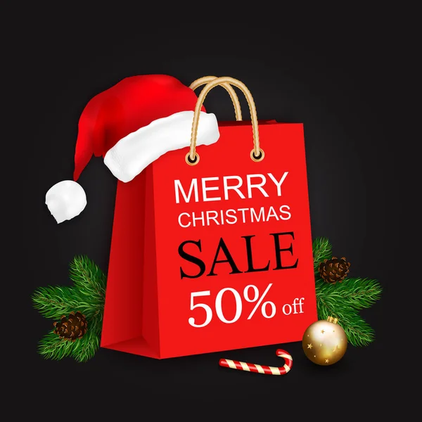 Joyeux Noël vente bannière avec sac cadeau, chapeau de Père Noël et Noël — Image vectorielle