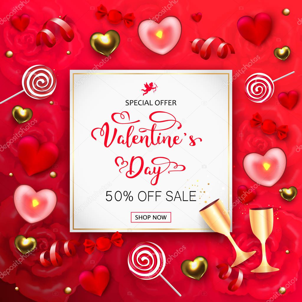 Happy Valentines day sale banner. Vector illustration with candy