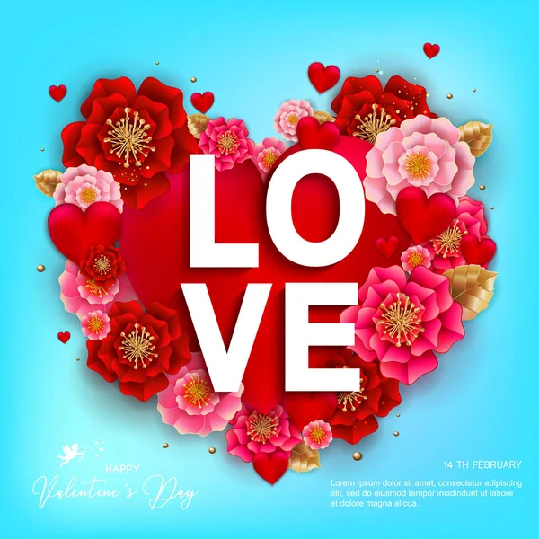Boldog Valentin-nap banner, gyönyörű színes virágok és — Stock Vector