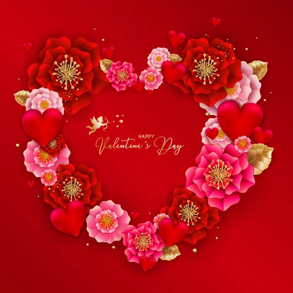 Feliz San Valentín banner con hermosas flores de colores y — Archivo Imágenes Vectoriales