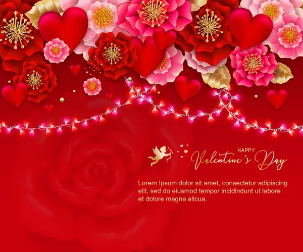 Banner de San Valentín con bombillas guirnalda festiva y corazón — Vector de stock