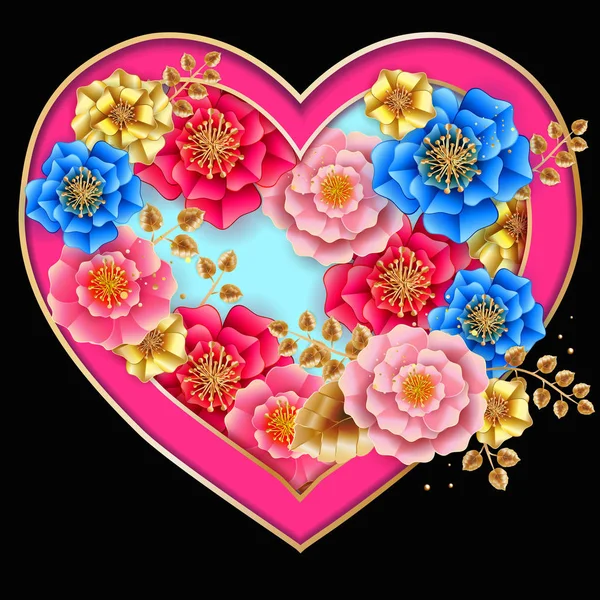 San Valentino banner con bellissimi fiori colorati e cuore . — Vettoriale Stock