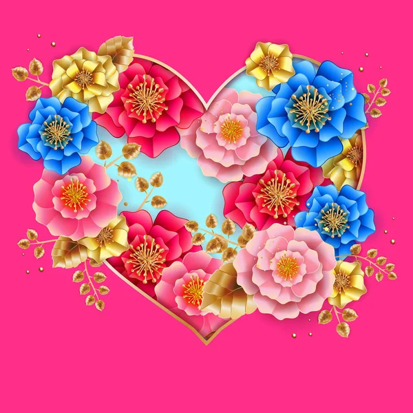 San Valentino banner con bellissimi fiori colorati e cuore . — Vettoriale Stock