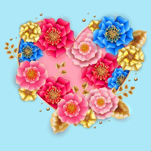 Banner de San Valentín con hermosas flores de colores y corazón . — Vector de stock