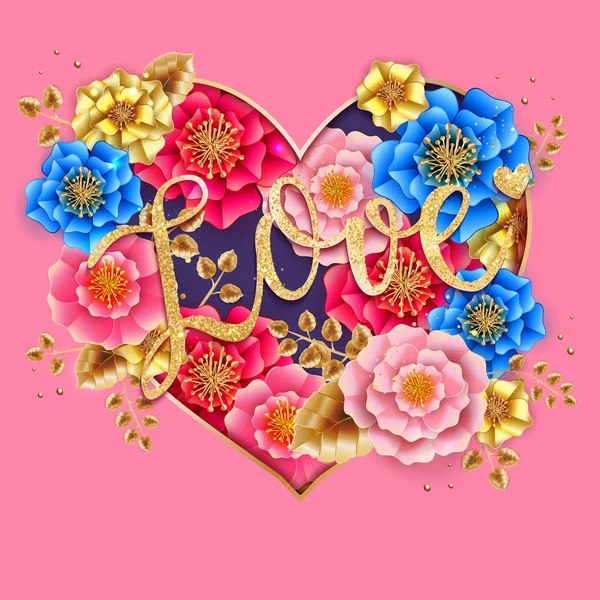San Valentino banner con bellissimi fiori colorati e cuore . — Vettoriale Stock