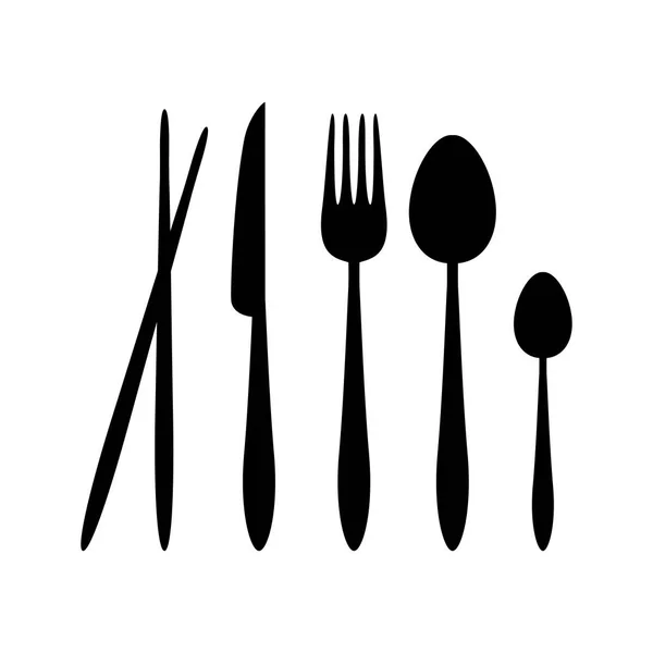 Colher de vetor de silhueta, garfo, faca e talheres de pauzinhos no restaurante —  Vetores de Stock