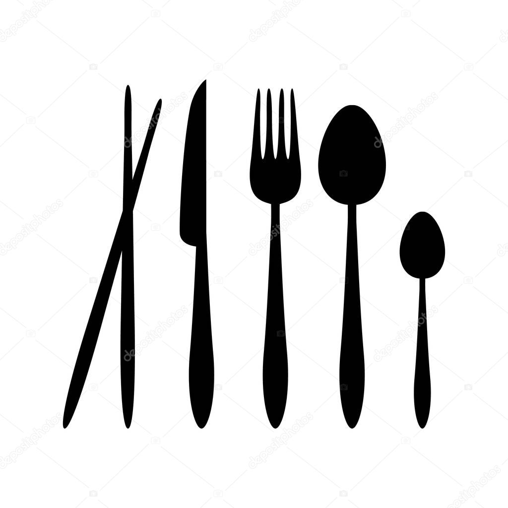 Silhouette Vector Spoon, Fork, Knife, and Chopsticks Cutlery on the Restaurant