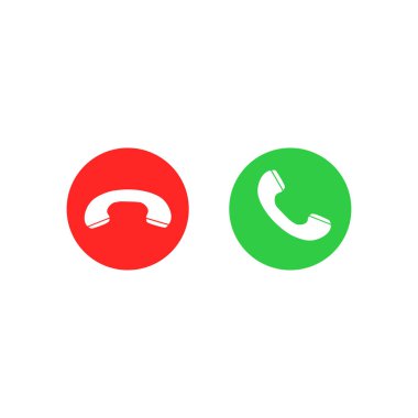 Telefon ikonları. Çağrıyı kabul et ve reddet düğmesi. Cep telefonu siluetleri olan yeşil ve kırmızı düğmeler. Vektör simgeleri beyaz arkaplanda izole edildi
