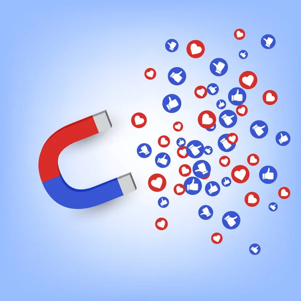 Mıknatıs kalp ve beğeni çeker. Sosyal medya pazarlama kavramı. Basit düz dizayn. Vektör çizimi. Sosyal medya paylaşımınız için ideal.