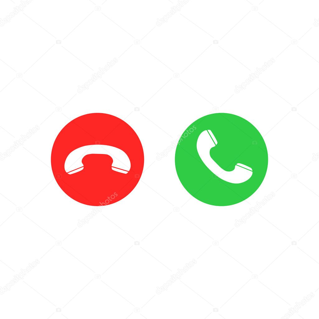 Phone call icons. Accept call and decline button. Green and red buttons with handset silhouettes. Vector icons set isolated on white background