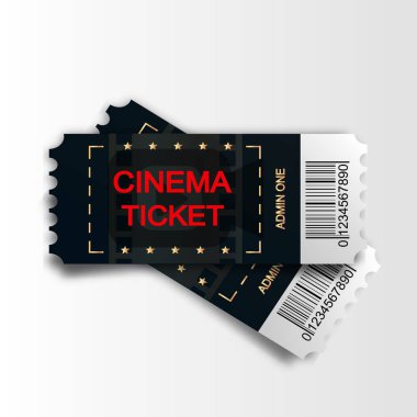 Beyaz arka planda izole edilmiş iki sinema vektör bileti. Gerçekçi ön görünüm illüstrasyon. Tasarlanmış iki filmde üst görünümü kapat