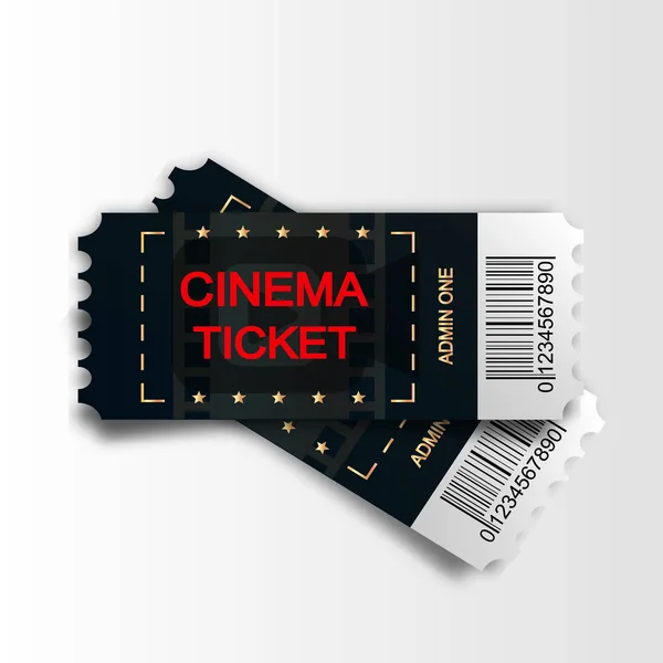Two cinema vector tickets isolated on white background. Realistic front view illustration. Close up top view on two designed movie — Stock Vector