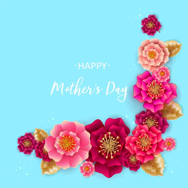 Tarjeta de felicitación del día de las madres con flores sobre fondo azul . — Vector de stock