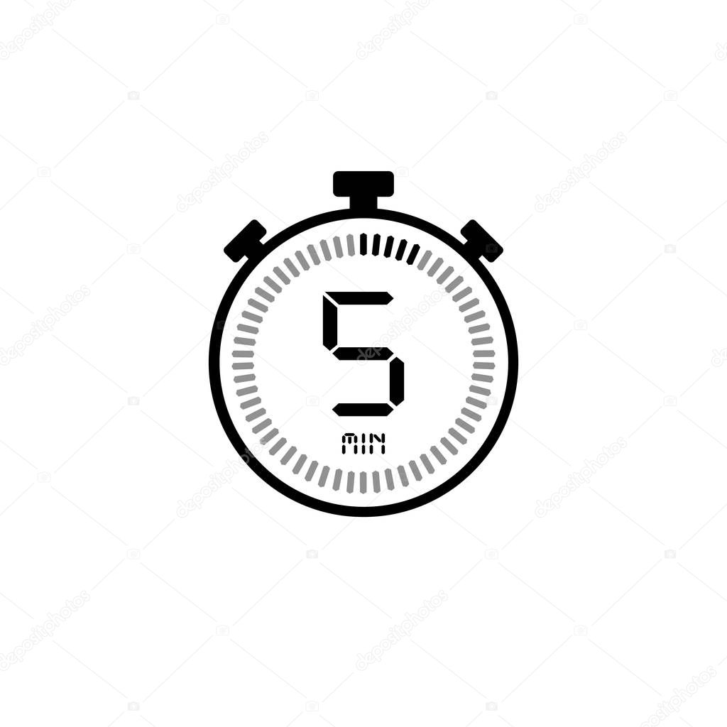 The 5 minutes, stopwatch vector icon, digital timer. Clock and w