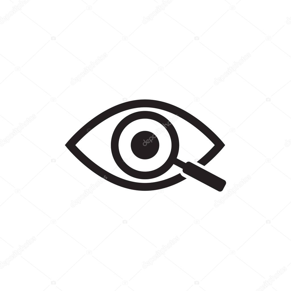 Magnifier with eye outline icon. Find icon, investigate concept symbol. Eye with magnifying glass. Appearance, aspect, look, view, creative vision icon for web and mobile stock