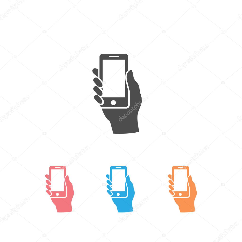 Smart phone in hand icon. Vector illustration isolated