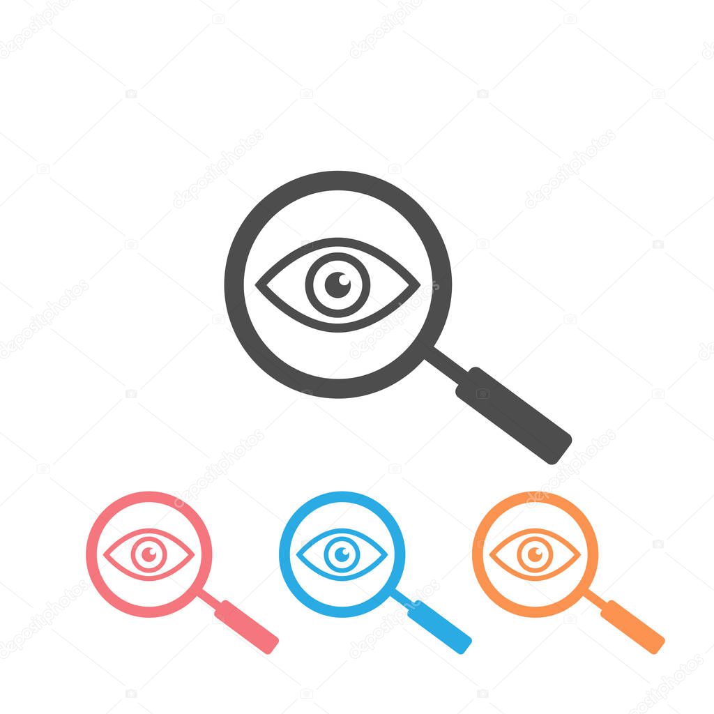 Magnifier with eye outline icon set. Find icon, investigate concept symbol. Eye with magnifying glass. Appearance, aspect, look, view, creative vision icon for web and mobile