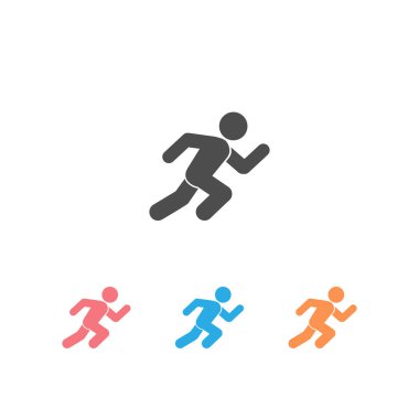 Koşu adam, atletizm, maraton, yaz sporu, koşmak simgesi beyaz arka plan üzerinde izole seti.