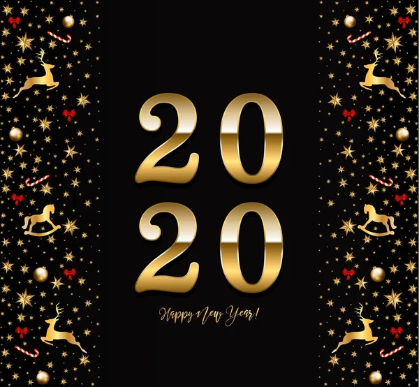 2020 New Year Decorativa Fronteira feita de elementos festivos em fundo preto — Vetor de Stock