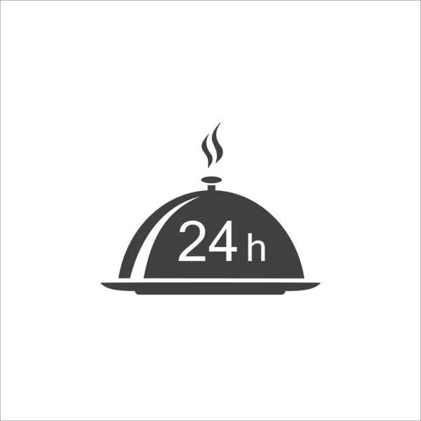 24 h Entrega de comida. Tapa de plato, cubierta de comida o bandeja servidor y una mano con 24 h icono aislado negro — Archivo Imágenes Vectoriales