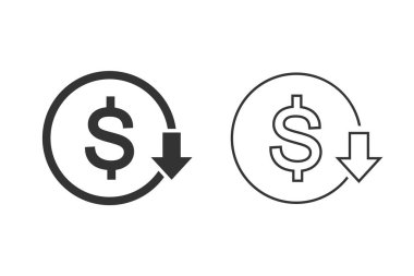 Maliyet azaltma simgesi seti. Dolar Aşağı Simge vektörü