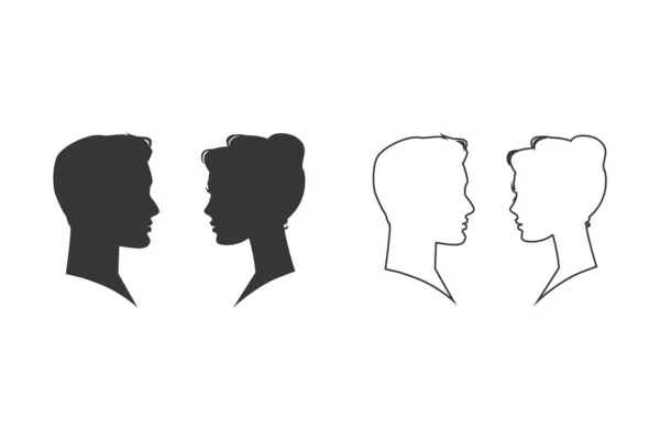 Hombre y mujer silueta cara a cara. Conjunto de iconos. Ilustración vectorial — Vector de stock