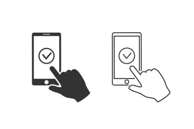 Akıllı telefon ekranında işaretle. Eller akıllı telefonu tutar ve parmaklar ekrana dokunur. Düz tasarım çizim çizgisi simgesi seti