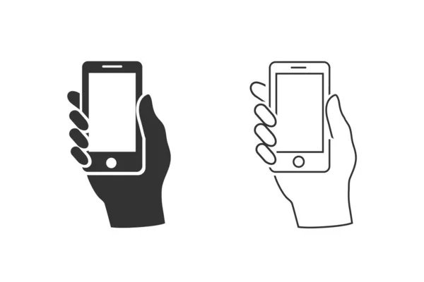 Sostenga la mano el conjunto de iconos de línea de teléfono inteligente. Vector — Vector de stock