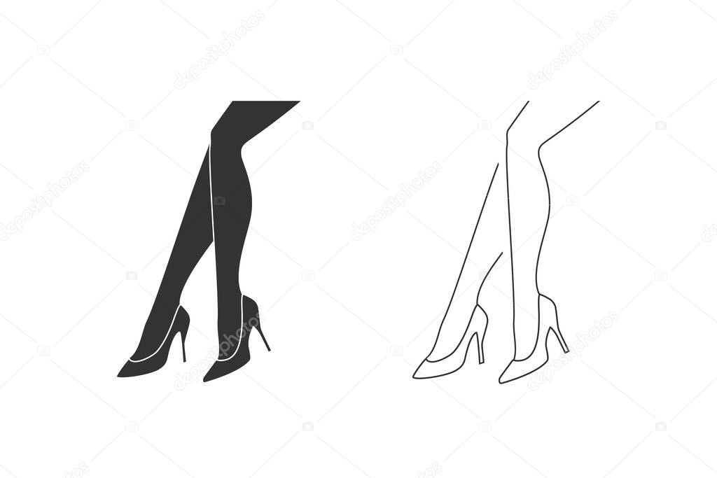 Monochrome vector illustration of a womens legs with shoe line icon set, isolated on a white background