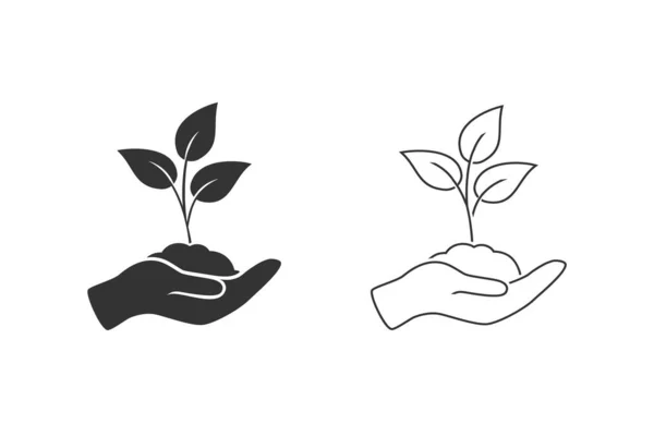 Blatt und Hand, Pflege Nature Line Icon Set Vektor — Stockvektor